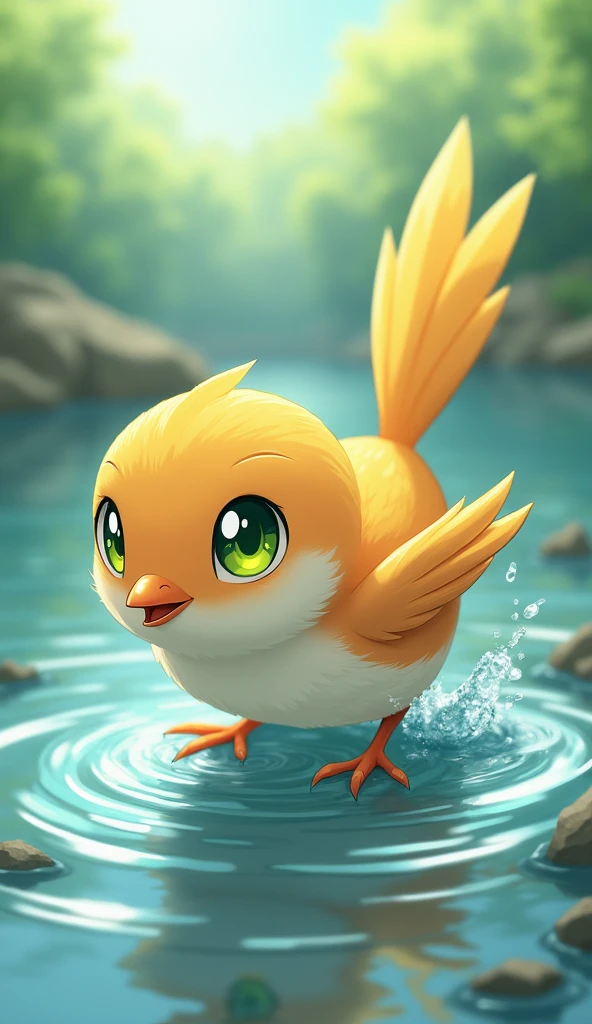 Close-up of a small bird playing by the river,Yellow-green eyes, High resolution, Illustration of movement, Background blur, Reality, Soft Light, Character Design, Anime Style, 