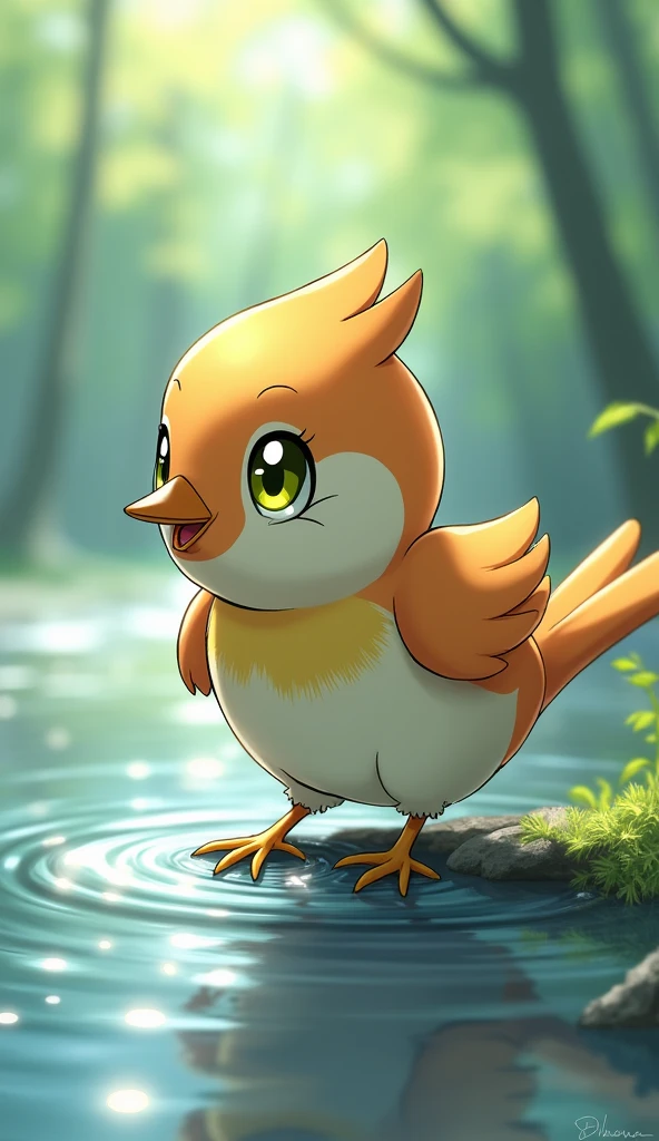 Close-up of a small bird playing by the river,Yellow-green eyes, High resolution, Illustration of movement, Background blur, Reality, Soft Light, Character Design, Anime Style,