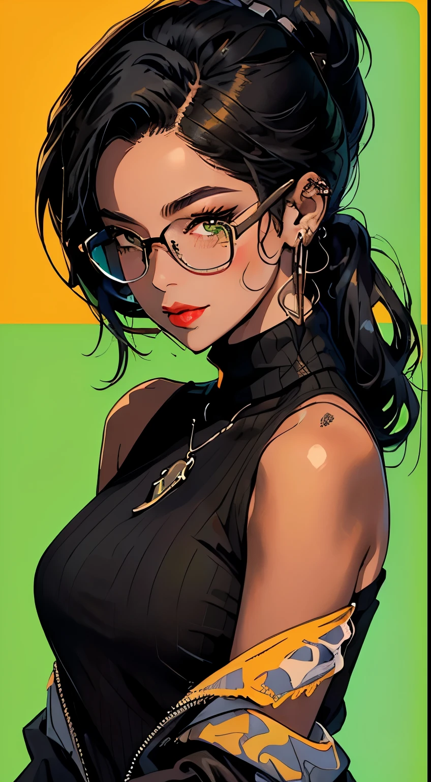 Amazing portrait of a sexy woman wearing her luscious black hair in a cute ponytail, seductively gazing and smiling, soft lips, parted, blushing intensely, smiling, dark green sweater, cream cargo pants, medium chest, perfect body