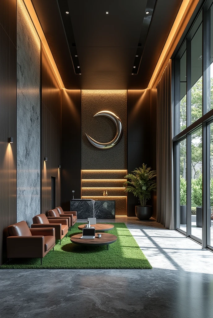 Professional 3d architecture rendering design of modern And high tech for boticque hotel’s Labi with dark slab stone and 8 dark brown leather Chairs that separate with modern green space and medium flouting dark gray marble station and 2 laptops and coffee table elegant and modern glassy and silver accessories and modern windows and private space for baggage in the Labi and black slab stone middle table and elegant accessories and modern ceiling lighting and beautiful green space and private space for baggage with silver wall and silver reception and big silver sculpture of crescent moon that cover with waterfall in the corner of Labi and modern green space between the chairs