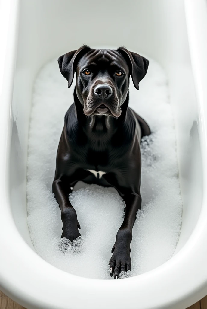 (Logo) A black bitch, in a white tub, with bubbles, with dog footprints