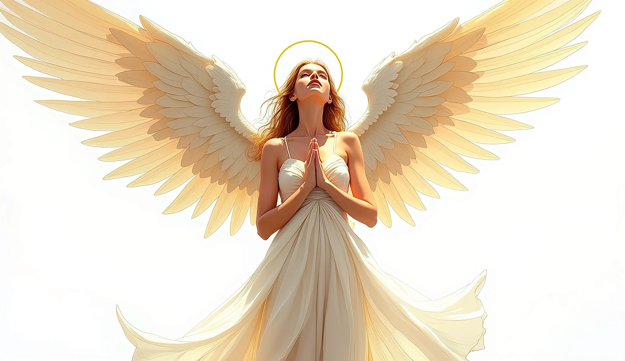 Very beautiful female angel, Angel Halo, whole body, Cel Shading, Bold outline, Flat Color, Sharp Shadows, Graphic Style, (Manga influence:1.3), Beautiful line art, Impressive visuals,comics、prayer