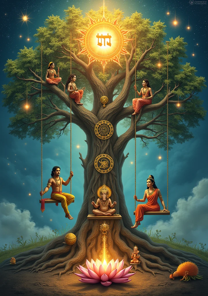 Create a 1440 x 2560 pixel image with the following elements:
1. At the top of the image, an aura of glory surrounding Hebrew name Ashen, shining and radiating light.
2. down, an imposing Kabbalistic Tree, with the torso displaying the 10 Sefirot of Kabbalah in an artistic and clear way.
3. At the base of the Tree of Life, depict Krishna and Radha sitting together on a swing that is attached to one of the branches on the right side of the tree, in a pose of adoration and harmony, with Shiva and his triluna holding Parvati's hand with baby Ganesha in her arms on the left side of the tree, representing union and protection.
4. Include Brahma and Saraswati sitting on the roots of the tree in the meditation position, surrounded by sacred books of Christianity, Judaism, Hinduism 5. At the top of the Tree of Life, a magnificent lotus flower, symbolizing purity and enlightenment.
6. Add a Krishna Tree bag next to the tree, representing energy and sacredness.
7. The scene must be enveloped in a mystical and heavenly atmosphere, with intricate details that highlight the importance and spiritual beauty of the elements as well as hermetic symbols.