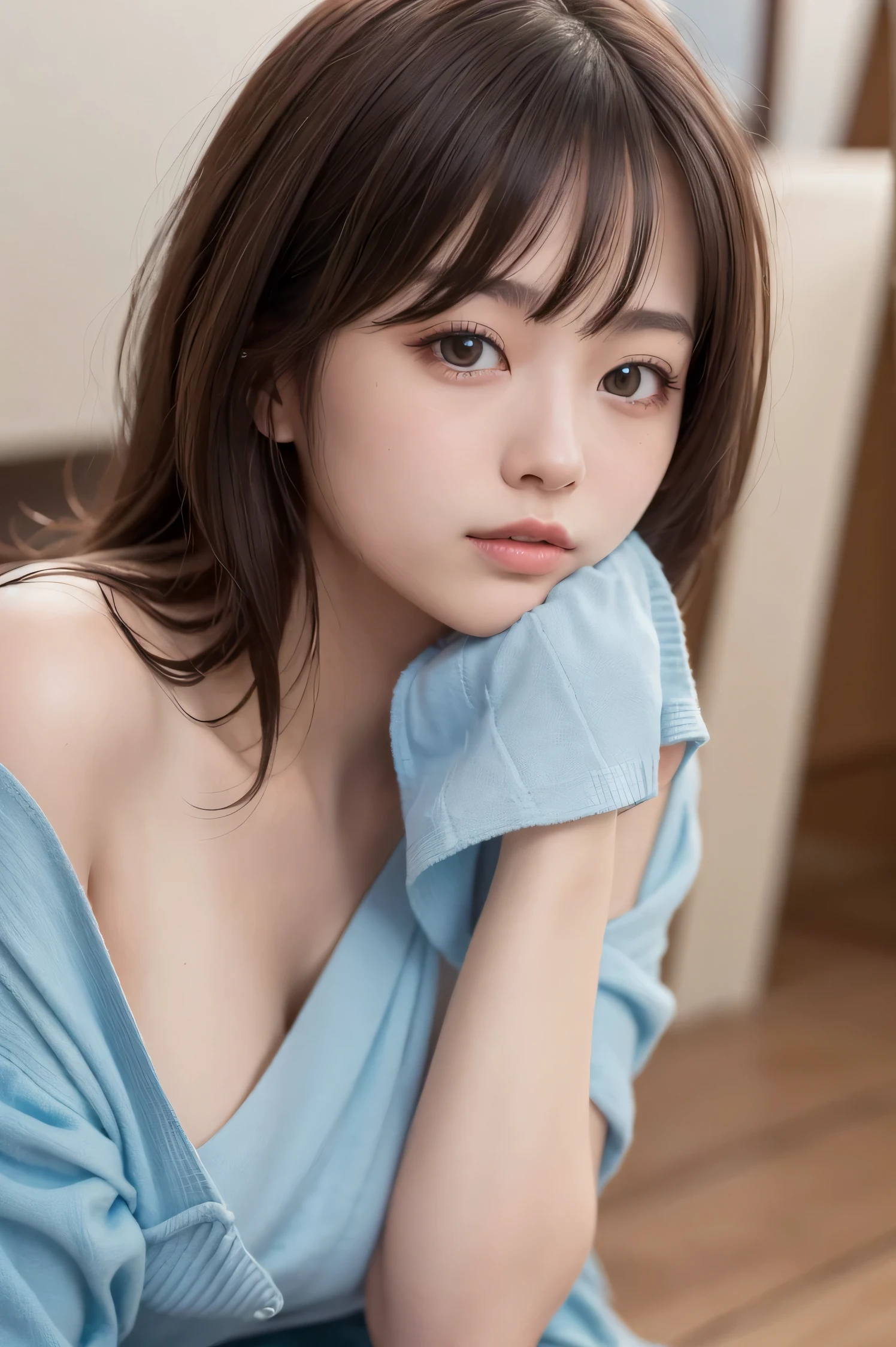 Highest quality ,masterpiece,Ultra-high resolution, very beautidebtul, cute, (Photorealistic:1.4), One girl, Japanese, Brown Hair, Cleavage, Cinematic, 35mm lens, debt/ 1. 8, Accent lighting, 8k, Light blue off-the-shoulder shirt