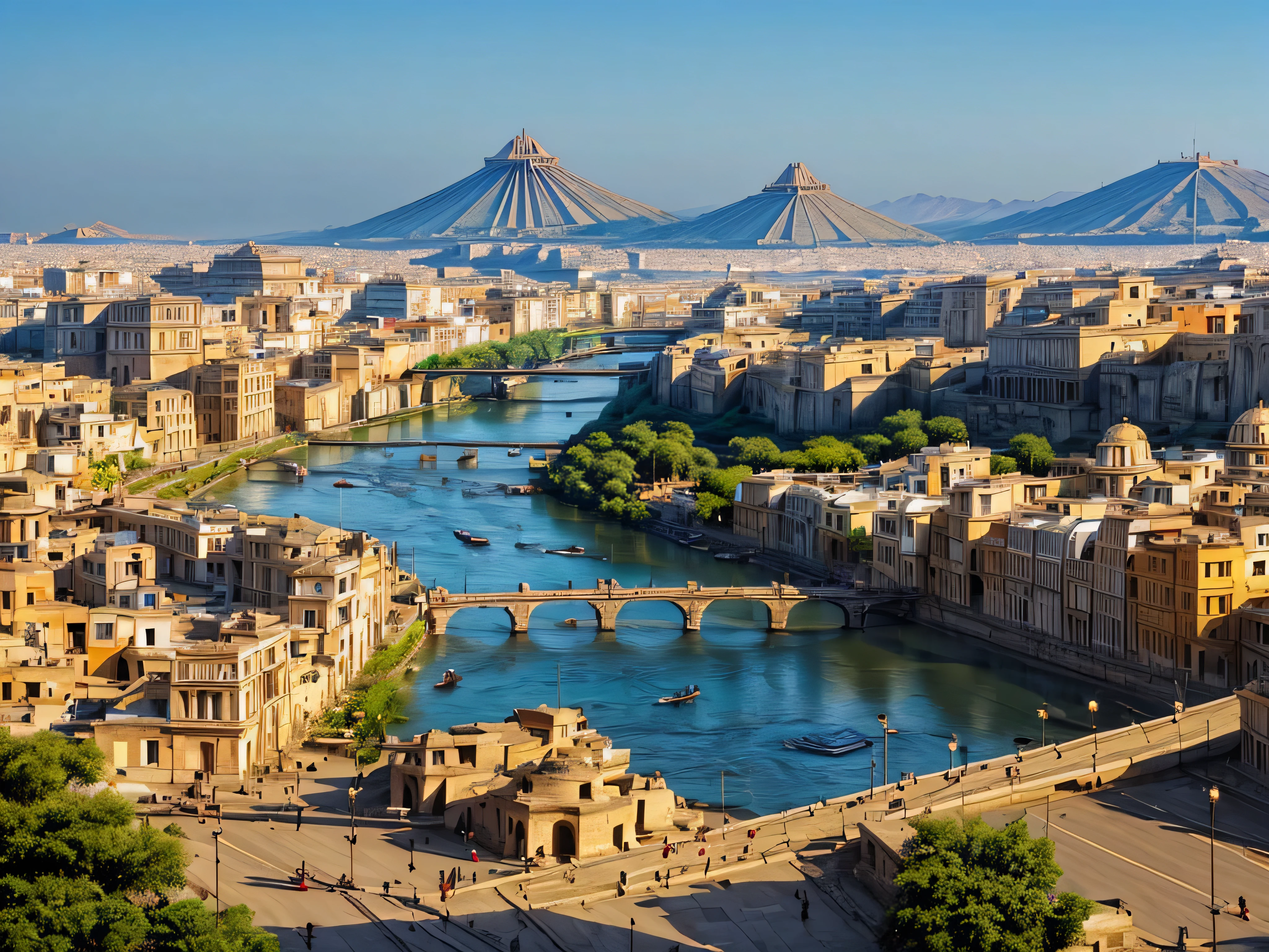 (tmasterpiece)),((Best quality)),((high detal)),((actual,)) The cities of the future, a mixed city whit ancient greek, roman, egytian, mesopotamian, mayan and aztec buidings, architectural streets, bazaars, Bridges, watercourse,aqueducts, river INFO