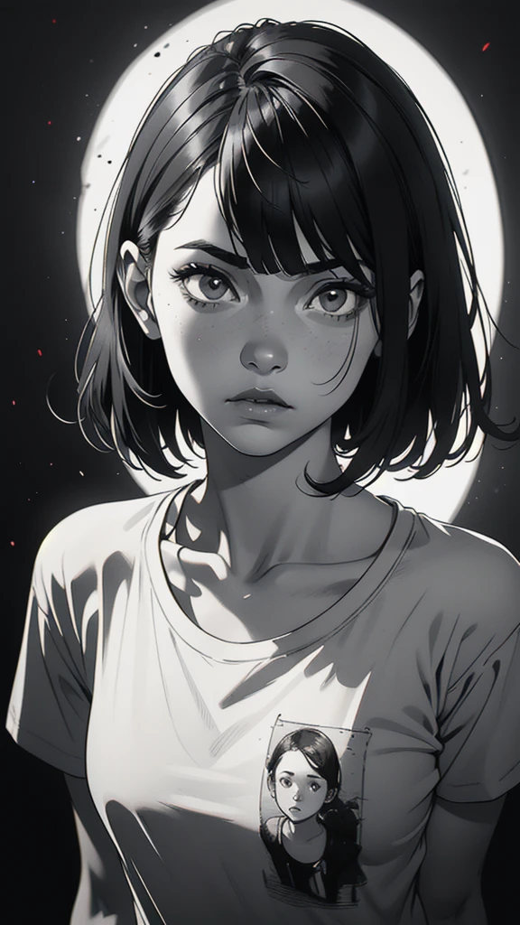 1 boyish girl, solo, sharp eyes, monochrome, greyscale, short black hair, portrait, white T-shirt, Thin eyebrows, closed mouth, looking at viewer, graphite \(medium\), detailed lips, hatching \(texture\), without makeup, bangs, upper body, (best illustration), (best quality), (very detailed), (masterpiece), expressionless, perfect lighting