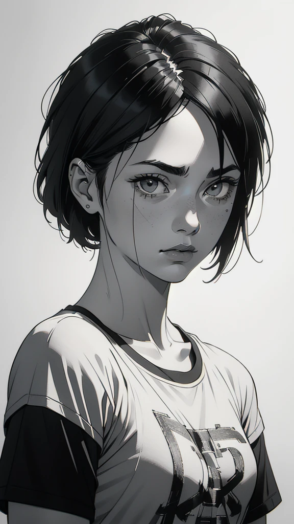 1 boyish girl, solo, sharp eyes, monochrome, greyscale, short black hair, portrait, white T-shirt, Thin eyebrows, closed mouth, looking at viewer, graphite \(medium\), detailed lips, hatching \(texture\), without makeup, bangs, upper body, (best illustration), (best quality), (very detailed), (masterpiece), expressionless, perfect lighting