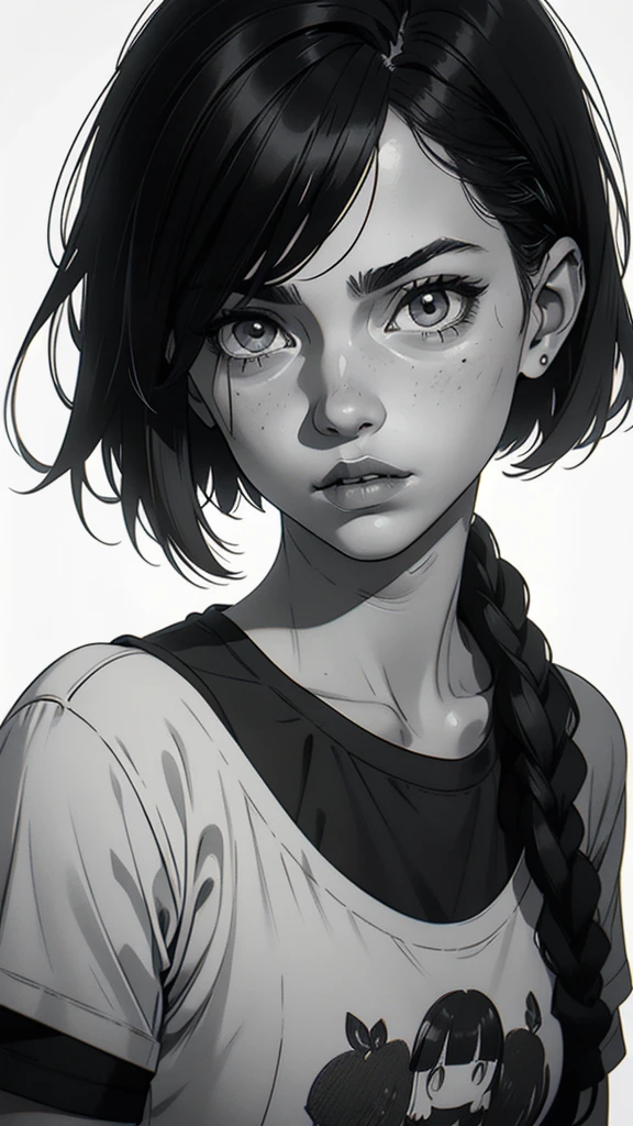 1 boyish girl, solo, sharp eyes, monochrome, greyscale, short black hair, portrait, white T-shirt, Thin eyebrows, closed mouth, looking at viewer, graphite \(medium\), detailed lips, hatching \(texture\), without makeup, bangs, upper body, (best illustration), (best quality), (very detailed), (masterpiece), expressionless, perfect lighting