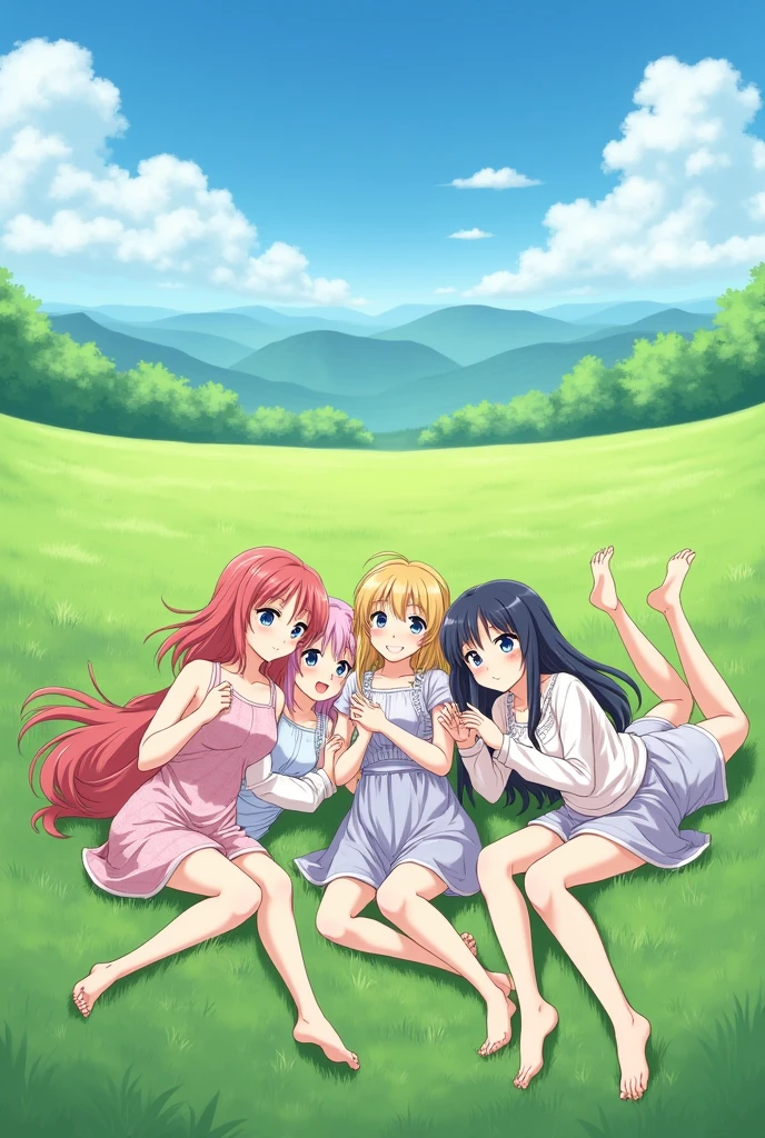 Five anime girls lying on the field holding hands
