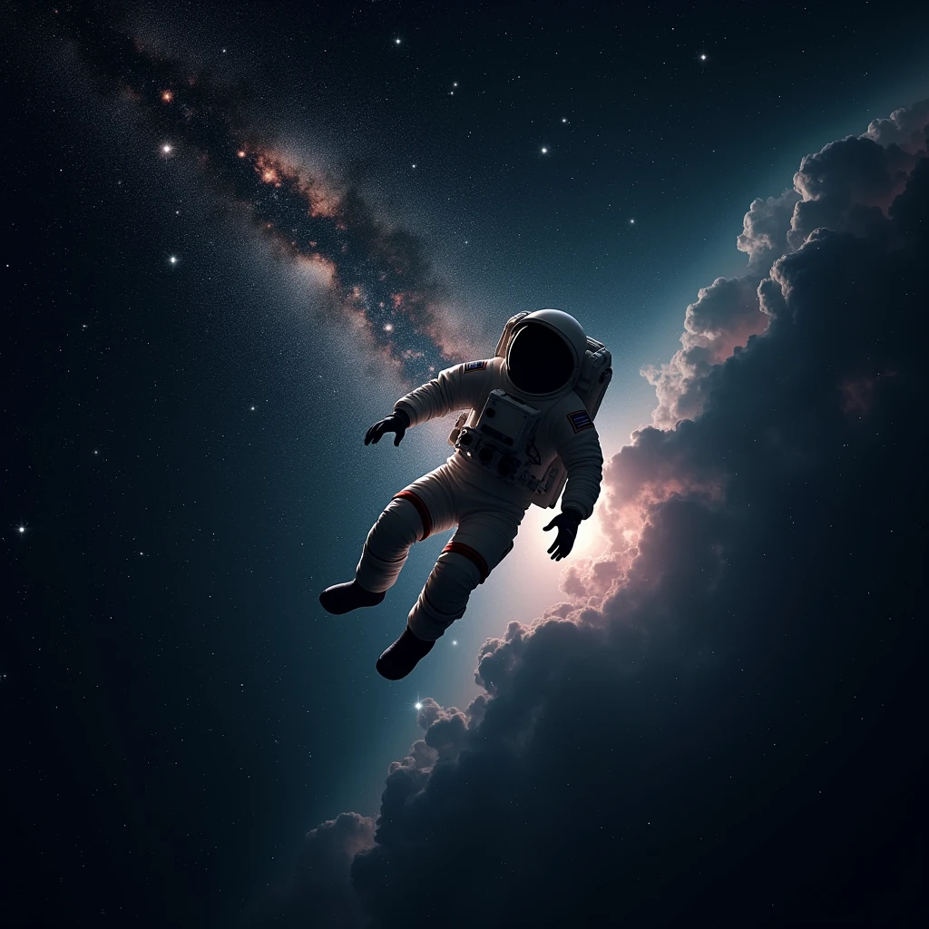 Astronaut floating in space.exterior , shines , Many stars , constellations , galaxies , a flash of light comes out of his suit 