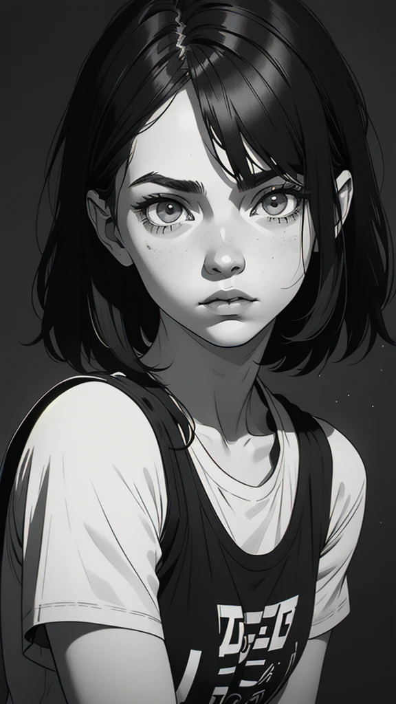 1 boyish girl, solo, sharp eyes, monochrome, greyscale, short black hair, portrait, white T-shirt, Thin eyebrows, closed mouth, looking at viewer, graphite \(medium\), detailed lips, hatching \(texture\), without makeup, bangs, upper body, (best illustration), (best quality), (very detailed), (masterpiece), expressionless, perfect lighting