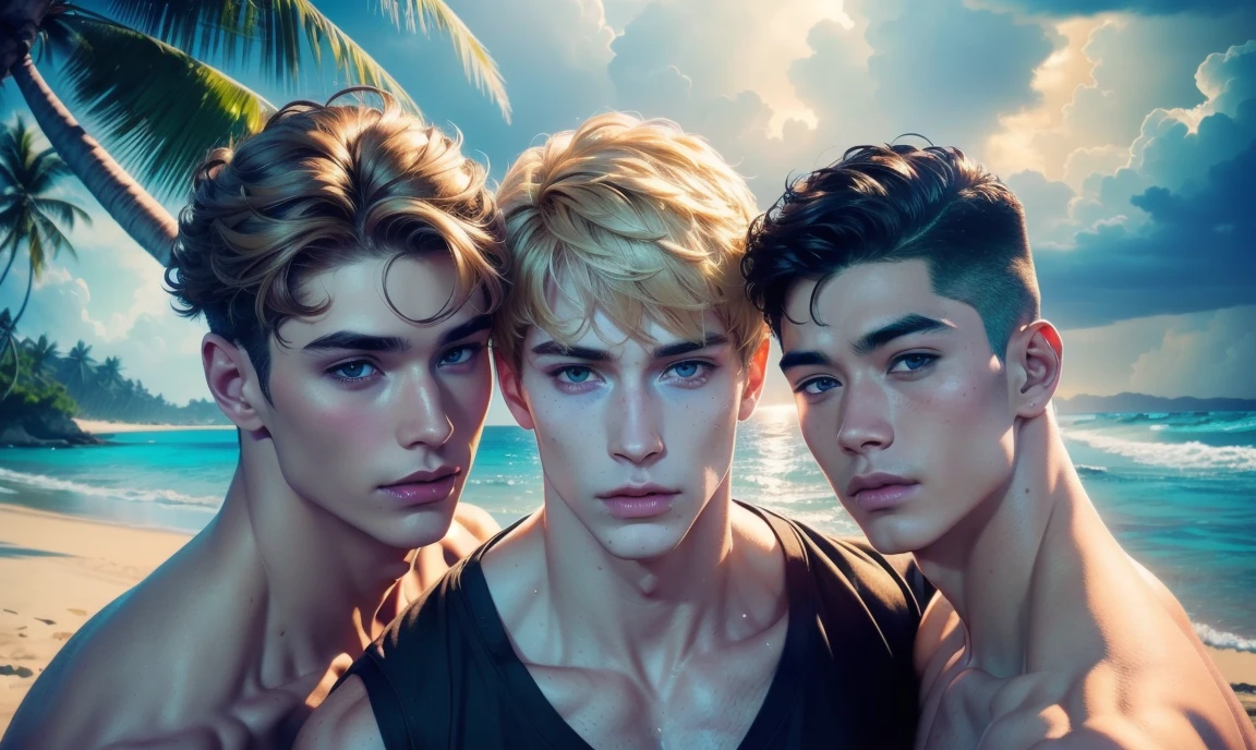 [((highly detailed, detailed eyes, detailed face, clear and realistic facial features, photorealistic, realistic light, cinematic, standing close together, close up)), ((((3 men, each man looks unique, each man has a different natural hair color and different facial features and skin color)))), (((sexy male college-age jocks standing on the beach looking aroused))), ((smirking)), ((dilated pupils and flushed skin)), ((wearing casual clothes)), ((beautiful deserted tropical island with a storm in background))]