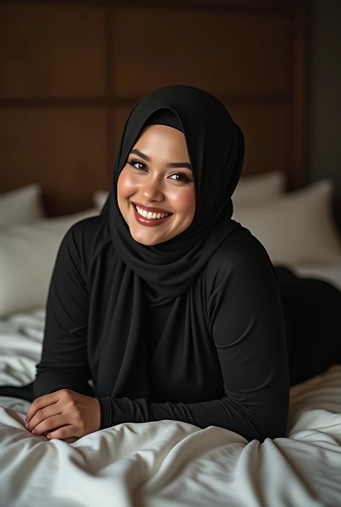 realistic, 40 year old Indonesian woman wearing black hijab naked, big breasts, slim, smiling, naked, lying on her back on the bed, full body visible