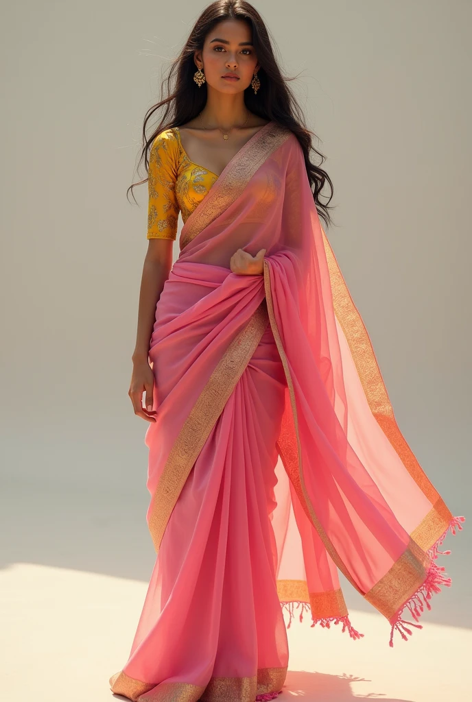 a whole full body picture of a girl in golden blouse and pink saree with very thin golden border 