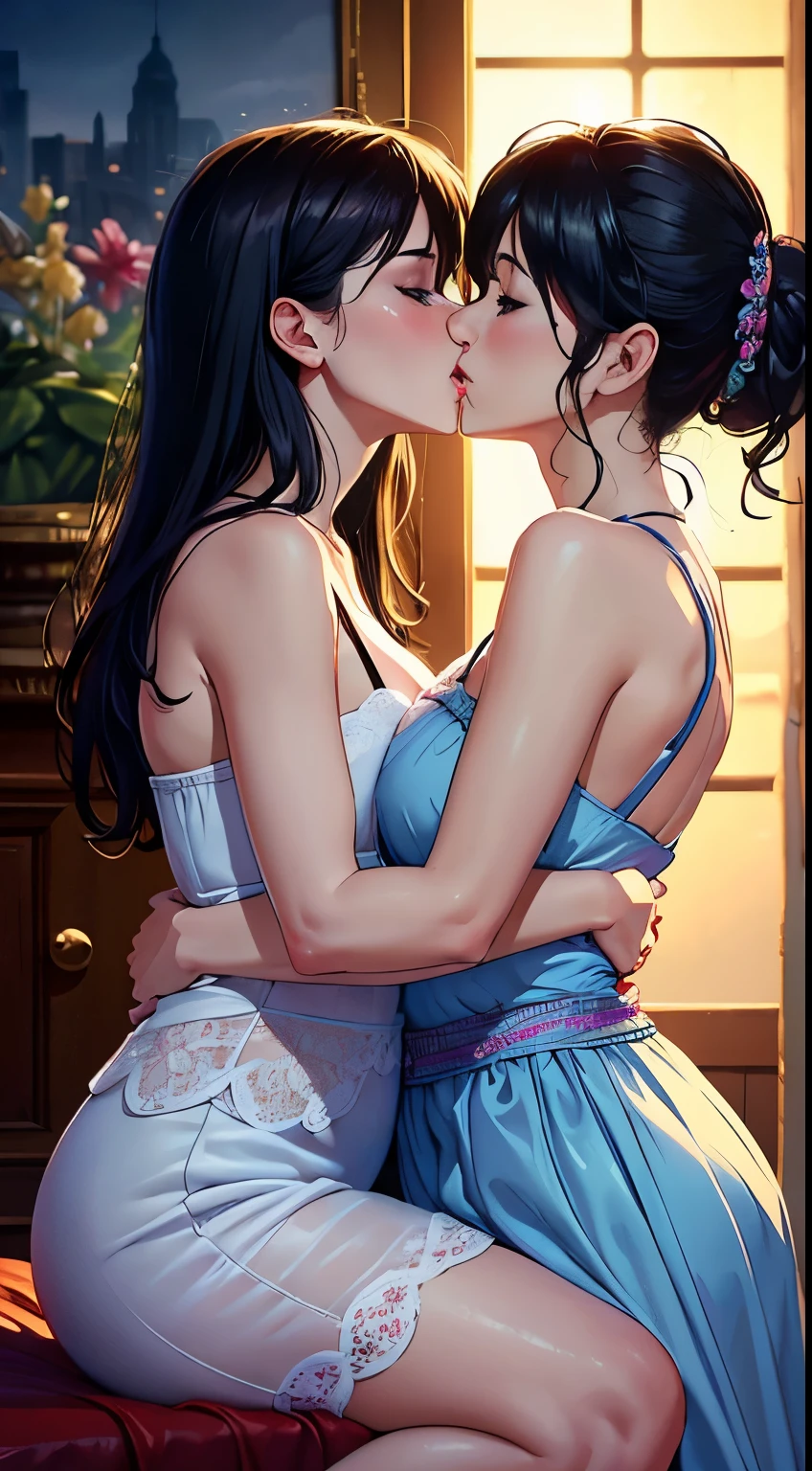 (best quality,4k,8k,highres,masterpiece:1.2),ultra-detailed,(realistic,photorealistic,photo-realistic:1.37), HDR, UHD, studio lighting, extreme detail description, professional, portraits, vivid colors, bokeh, lesbian couple, romance, women, kiss, mouth to mouth, attractive, holy shot, making out, wonderful scene, movie, lovely kiss, room together, cute, showcasing.

Notice：The prompt here starts with"woman"and"Woman kissing"For the theme，Matches the given topic description，Added detailed description。