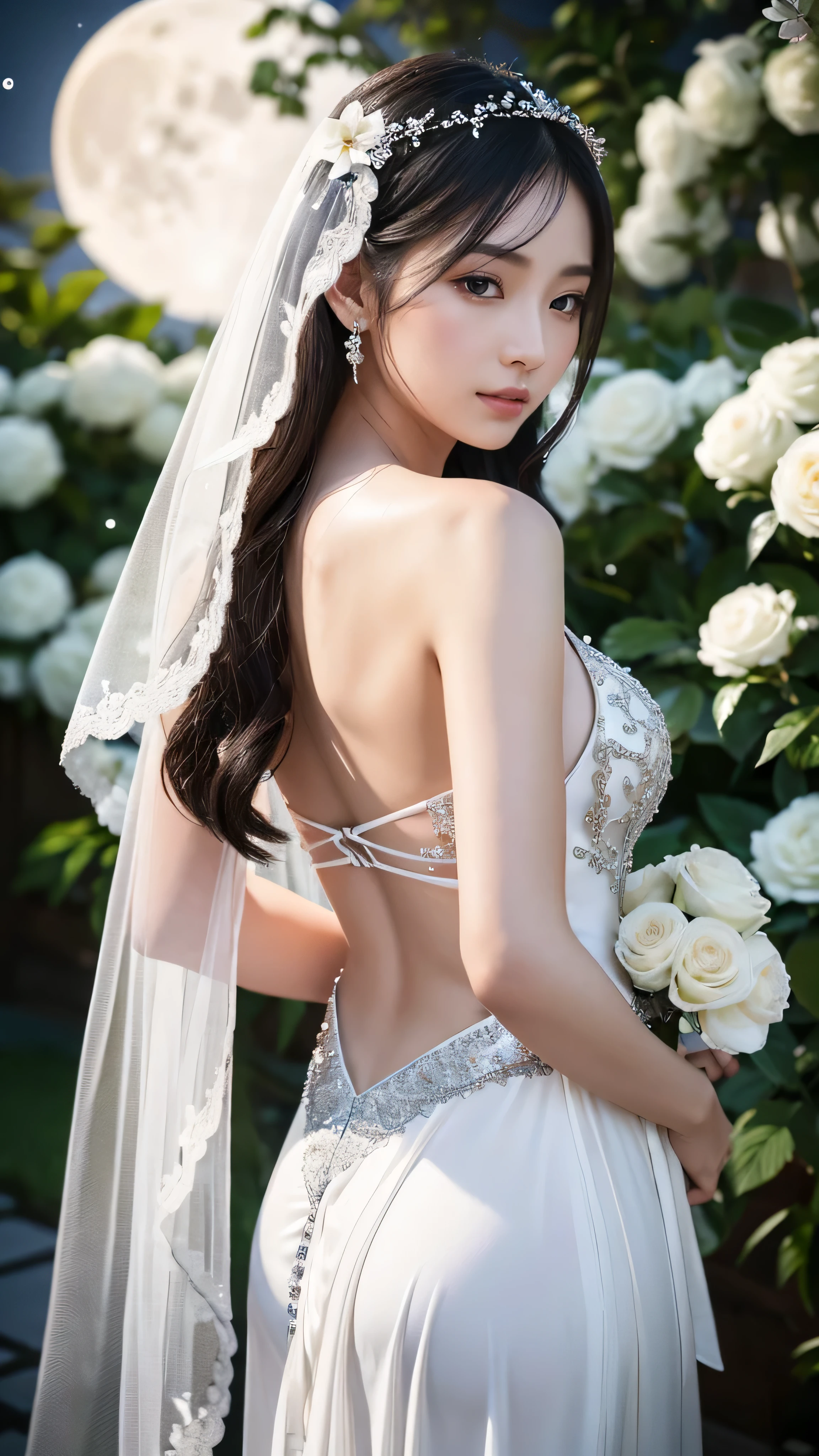 **Prompt:** Create an ultra-realistic 8K image of Tsukuyomi, the Japanese moon god, reimagined as the ultimate bride while retaining the deity's iconic features. Tsukuyomi is depicted as a stunningly beautiful woman with a soft, ethereal glow that seems to radiate from her pale, luminous skin, reminiscent of moonlight. Her long, silver hair cascades gracefully down her back, adorned with delicate, sparkling hairpins shaped like crescent moons and stars.

She wears a breathtaking bridal gown that combines traditional and celestial elements. The gown is a flowing white fabric that shimmers like stardust, with intricate silver embroidery resembling constellations. The veil, almost translucent, drapes elegantly over her, catching the light in a way that creates a halo effect around her figure.

Her eyes, large and reflective, hold a serene, almost otherworldly calm, exuding the quiet mystery of the moon. Her expression is gentle, yet carries the weight of timeless wisdom and grace. In her hands, she holds a bouquet of white flowers intertwined with silver leaves, symbolizing purity and celestial beauty.

The background is a serene, moonlit garden, with soft, glowing lanterns and blooming flowers surrounding her, creating a dreamlike, tranquil atmosphere. The scene captures the perfect blend of Tsukuyomi’s divine elegance and the beauty of a bride on her wedding day, making her a figure of both celestial and earthly grace.