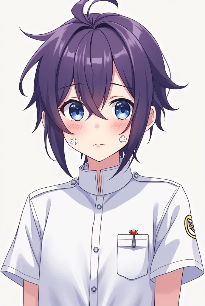 Generate in manwha style a purple-haired boy with two long black locks, blue eyes, freckles on his face, White skin, two bandages on his cheeks, a white shirt with a male nurse uniform