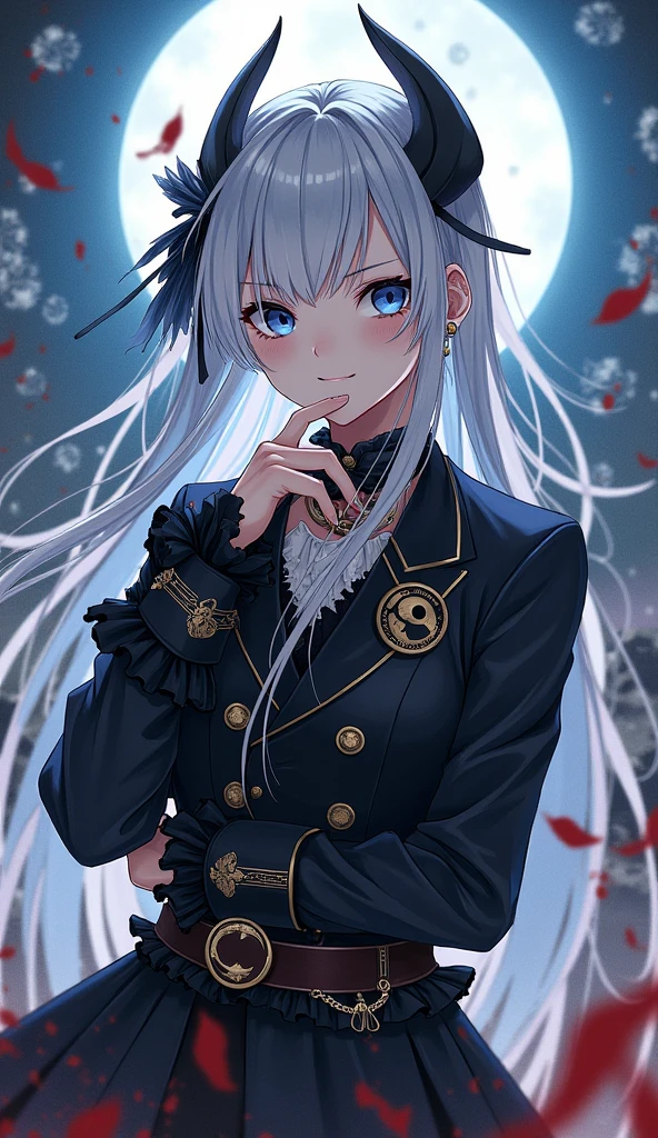 jirai kei, anime, ecstasy, audience, dark persona, long hair, straight hair, smirk, teasing, hand on own chin, evil smile, trap, 1 boy, sissy boy, femboy, dark blue eye, boots, knee high socks, white and black hair, two tone half color hair, destroying, Casting a darkness destruction spell, blood spatter, Ruined city, black cape, frills, runes, tassels, feng shui, white dress, belts, earrings, chains, yin yang, beautiful art, depth of field, high res, perfect face, detailed outfit