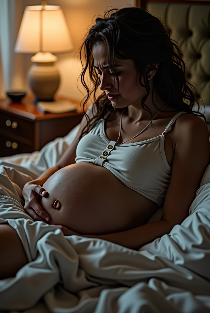 A trouble pregnant woman mother in bed room her are big weeping sad and begging her life seating on her knee from a rapist who rape her in next move , light are on in room , create a image from rapist point of view but rapists not show in image looking in eye