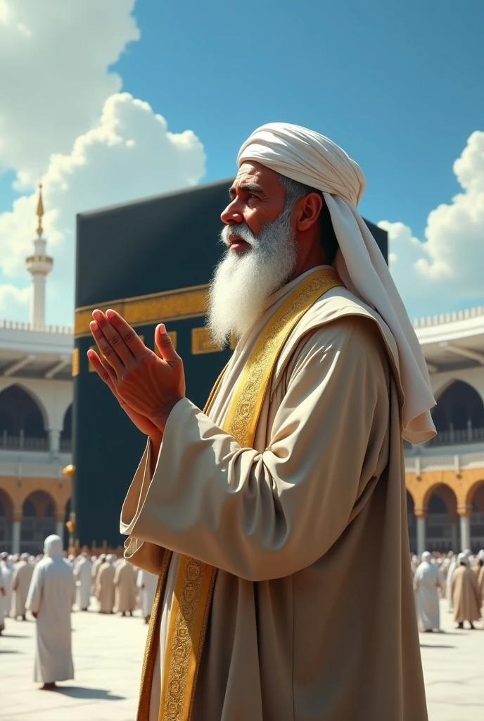 Hazrat Abdul Muttalib is shown standing in front of the old Kaaba pic with his hands raised in prayer. The atmosphere is calm and peaceful, with the simple black structure of the Kaaba prominently centered. The sky above is clear, symbolizing the strength of his faith.