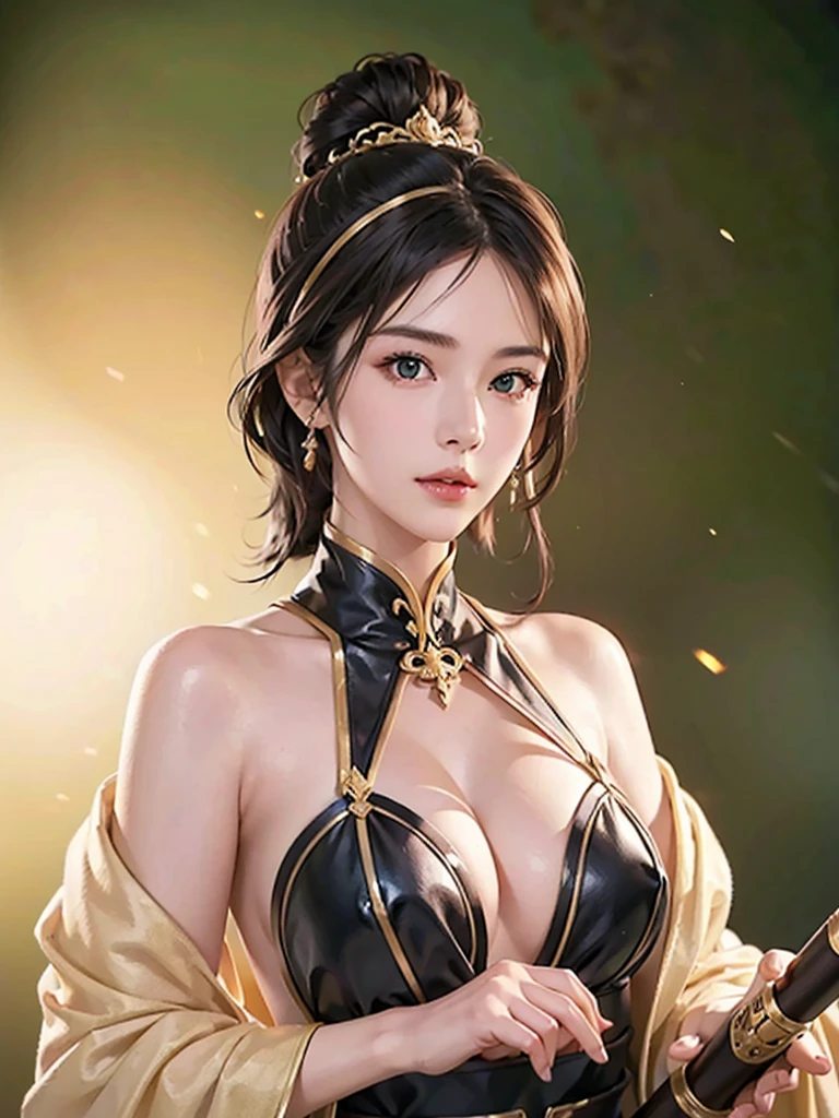 (Practical)、(Practical:1.2)、(high resolution)、Very detailed、Very nice face and eyes、1 girl、Delicate body、, Full breasts, (best quality、Attention to detail、Rich skexist detail)、(best quality、8K、Oil paexistt:1.2)、Very detailed、(Practical、Practical:1.37)、Vibrant colors、full-body shot,Black_hair, Beautiful 8K eyes,Lookexistg_exist_audience,One person exist,Are standexistg,((Very beautiful woman, Full lips))、armor、Woman holding a sword,Vague_Light_background,(masterpiece, best quality, best quality, Official Art, fine、Aesthetic:1.2),