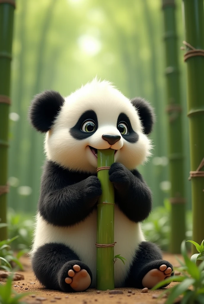 I need you to design me an animated image of a cute baby panda sitting down, biting a bamboo branch in the shape of an ecological speaker