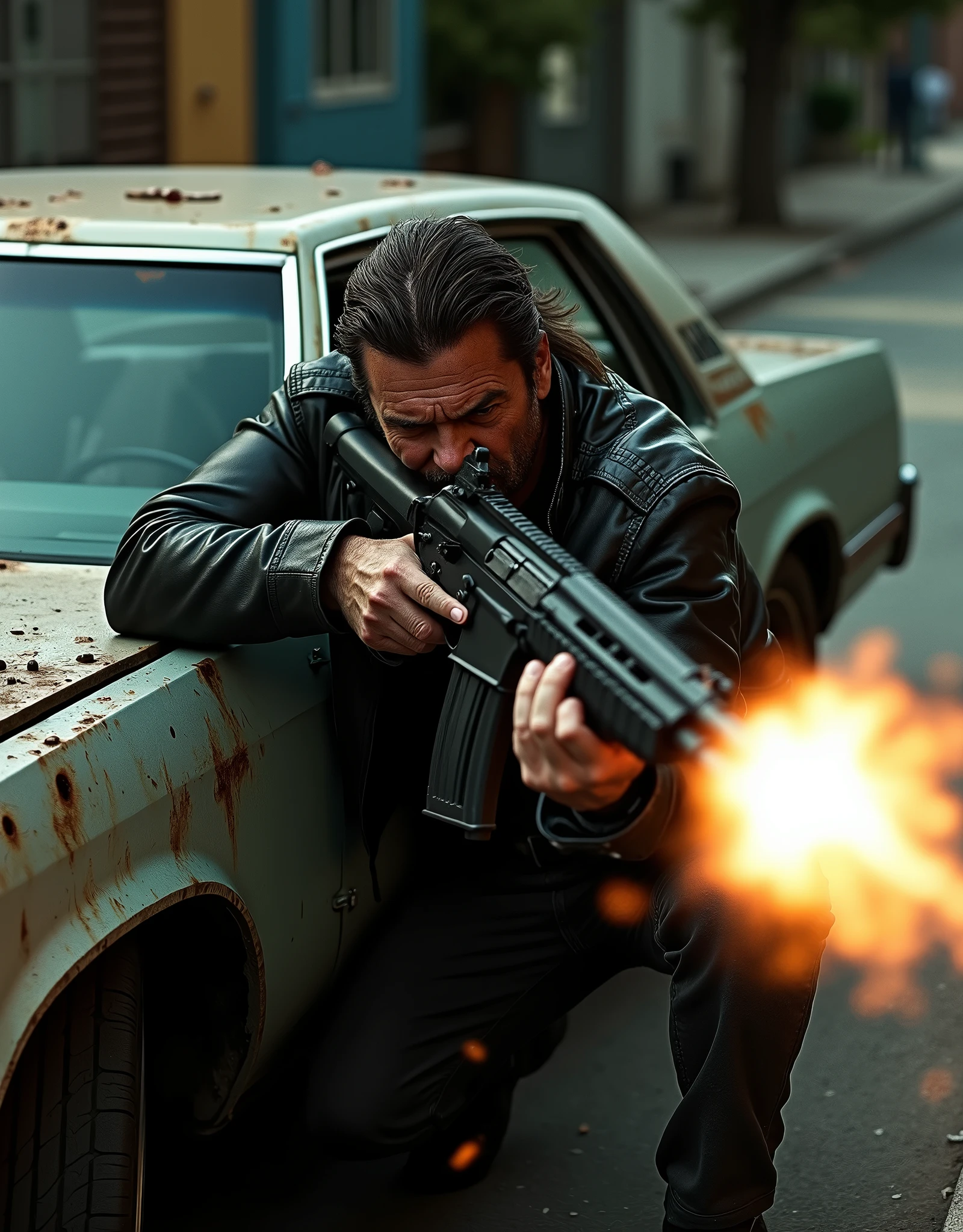 A Hell's Angels biker firing an assault rifle, hiding behind a bullet-hole-ridden car, sedan, Los Angeles, abandoned street, perspective, nighttime, danger atmosphere, intense, cinematic, fix hands