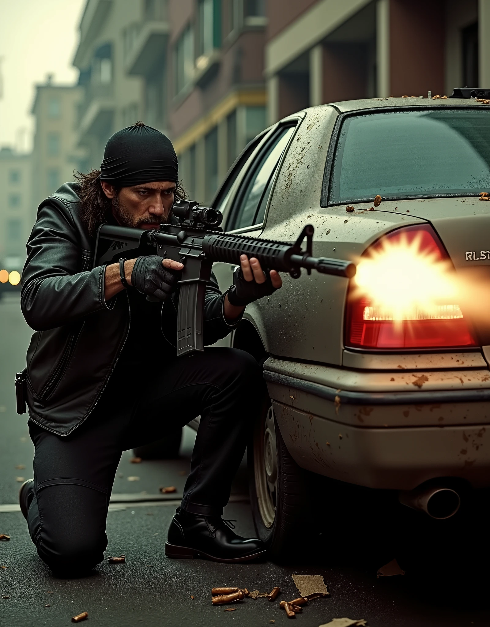 A Hell's Angels biker firing an assault rifle, hiding behind a bullet-hole-ridden car, sedan, Los Angeles, abandoned street, perspective, nighttime, danger atmosphere, intense, cinematic, fix hands