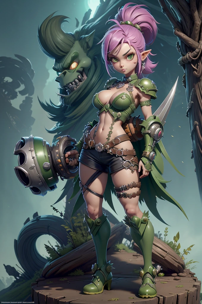 Rayman Legends style tree, character estilo art rayman legends, girl, fully body, STYLE mercenary with futuristic doom style weapons, Giant Accessories,Giant Monster, big breats,Little bunny,big breast, sensuality, elfo, mascot next door,doom style weapons,((doom armor))
