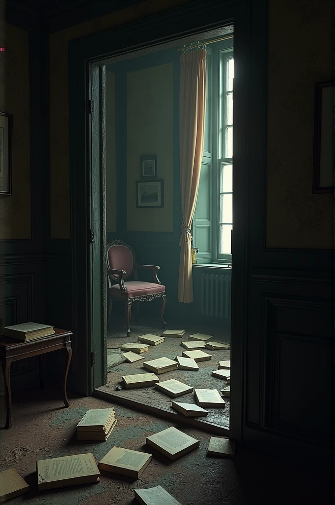 A dim and simple Victorian era room with books on the floor