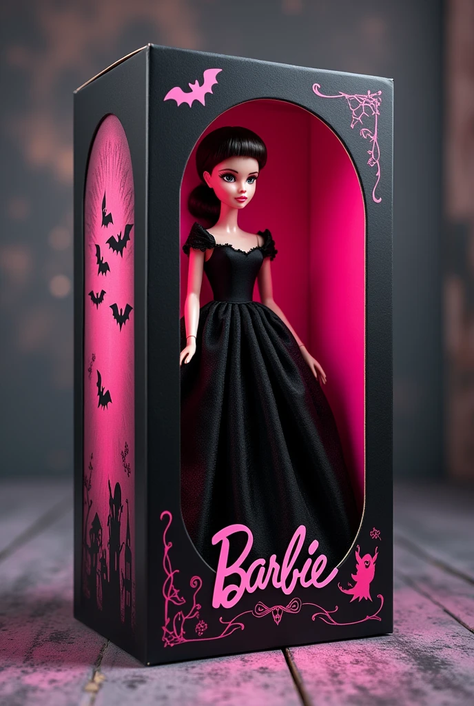 Box for Barbie doll made of cardboard. The box should be black and pink. The box should have a feminine and gothic style, with details of ghosts and bats. The front of the box should be clear acetate so the doll can be viewed.