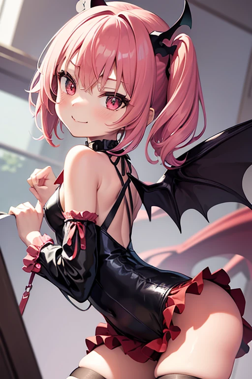 (masterpiece,best quality,ultra-detailed), an anime playful and sweet succubus. She has candy pink m-shaped bangs short hair with twin ponytails, ruby round eyes, fruit bat ears and wings, wearing a red and black gothic leotard with ruffle skirt succubus attire, ankle straps on her barefoot, standing bending over to the right playfully, butt focus, hands in a playful pose, face in a playful expression, smirk playfully, looking at viewer