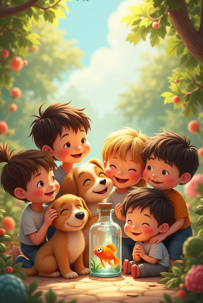8 children gathered with a dog and a fish in a bottle