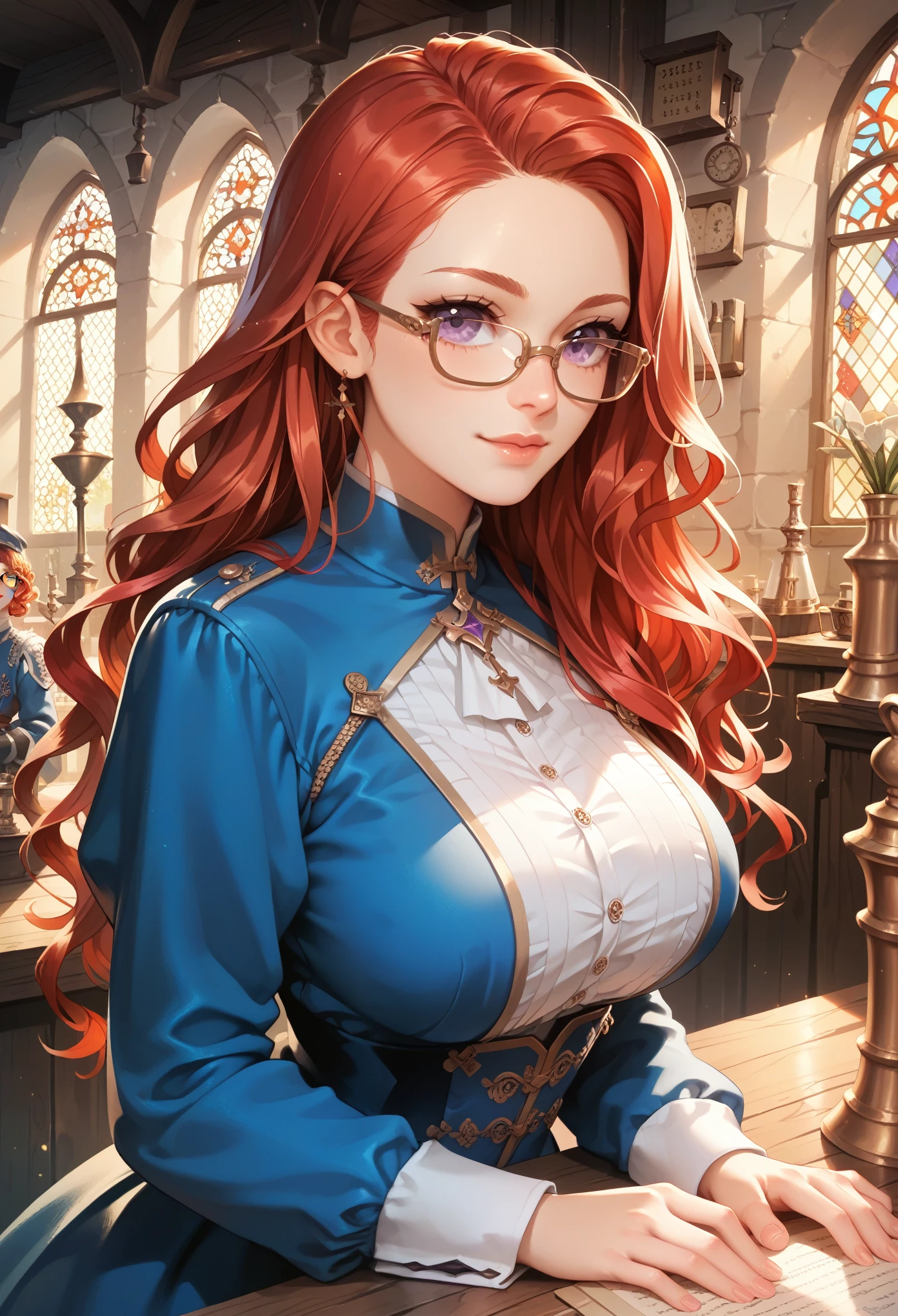 Guild girl, receptionist, ((medieval fantasy)), (another world), , red hair, wavy long hair, purple eyes, glasses, big breasts, receptionist uniform, blue and white uniform, calm atmosphere, reception counter ,analog,