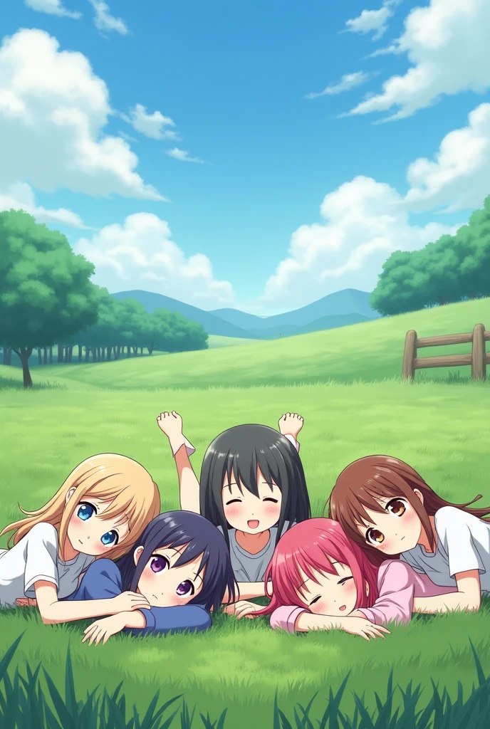 Five anime girls lying on the field holding hands
