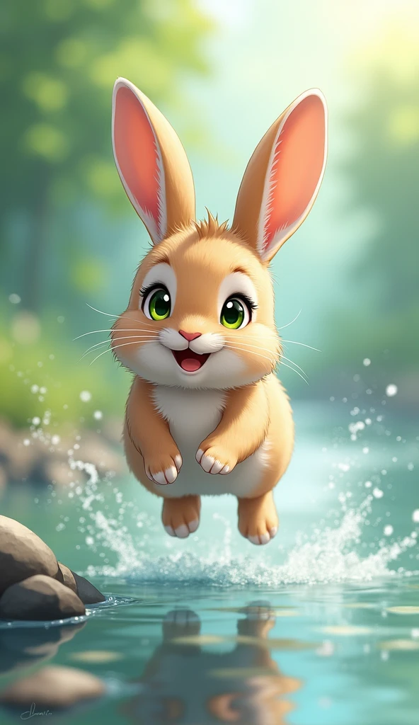 Close-up of a rabbit playing by the river,Yellow-green eyes, High resolution, Illustration of movement, Background blur, Reality, Soft Light, Character Design, Anime Style, 