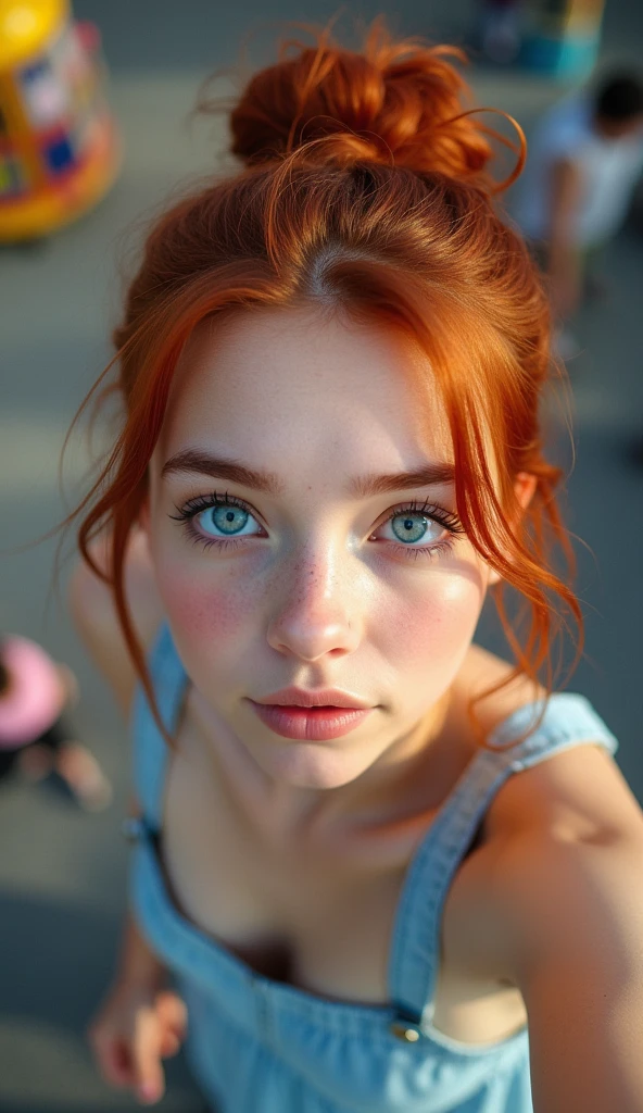 raw photo in UHD RAW format, (taking selfies, aerial view: 0,9), (straight half of the torso: 1,0). A 20 year old girl with a bun, in an amusement park, natural red hair and blue eyes, [ hyper-realistic texture ], [ hyper-realistic skin texture ], good lighting. fine-details, olhos e rosto extremamente symmetrical, extremely detailed, symmetrical, sharp piercing eyes. blinking the eye
