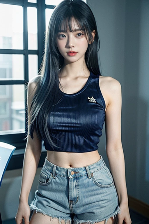 Beautiful Korean girl looks like a 4D painting, (looks), straight parted hair, bangs, ideal, blue crop top with text print, shorts, standing (window background), colorful, studio lights, soft light, dim light, 3D animation, looking at viewer, chest, blue hair,