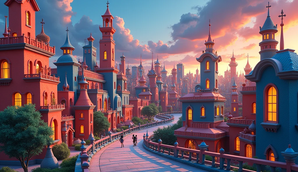 Anime cute style. Vibrant dynamic cityscape built entirely of raku-fired ceramics, set against a dramatic twilight sky. Bold angular buildings with contrasting textures. The dramatic contrast of light and shadow, capturing the energy and dynamism of the city.