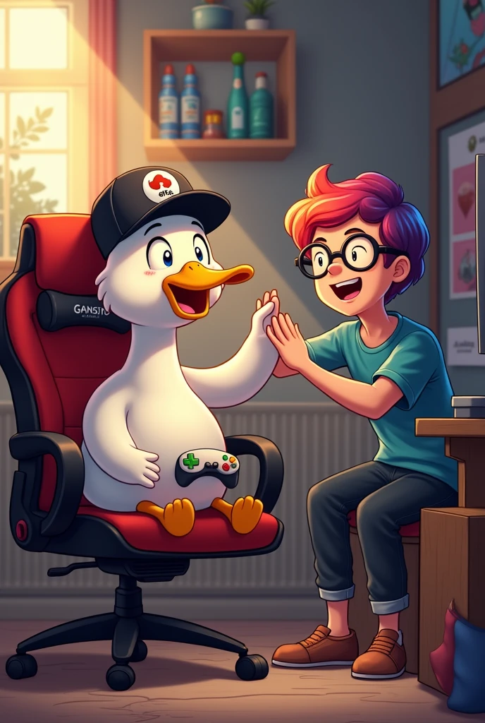 The capped goose is sitting on the gaming chair with a big smile, holding a video game controller as he appears to be enjoying the game. Next to him, an adult gamer with vibrantly dyed hair and large-framed glasses offers him a high-five. Both display a relaxed and friendly attitude, reflecting the positive energy and connection between the brand and the gaming community. In the background, you can see a disorganized room, some posters of popular video games, and a shelf with Gansito branded products.
