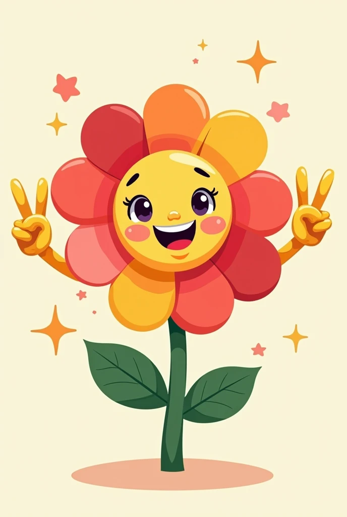 Make a cartoon of a flower smiling and making the peace symbol 