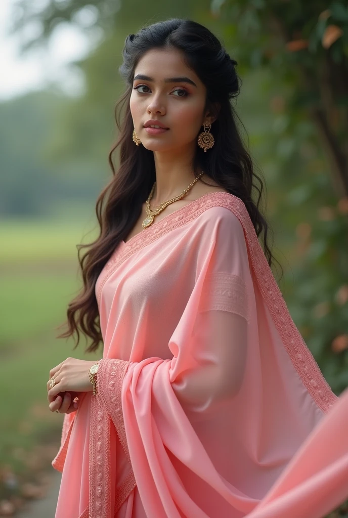 a whole full body picture of a girl in white blouse and pink saree