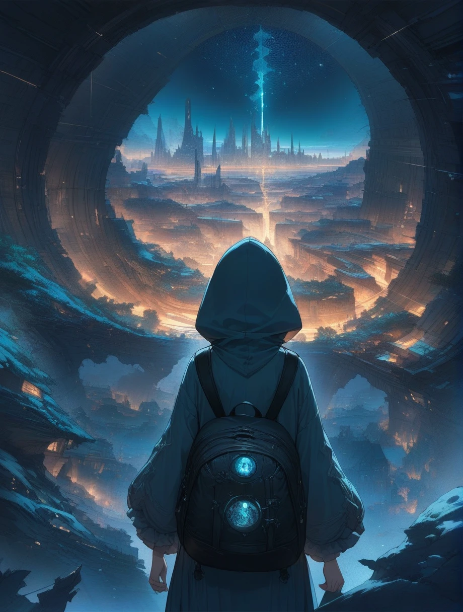 score_9, score_8_up, score_7_up, score_アニメ, masterpiece, best quality, delicate illustration, sharp line, sharp focus, BREAK,Traveler girl wandering in the ruins of endless night, the girl is wearing a hood, a lot of baggage in her backpack., night、City of the Future、Fantastic landscape、Beautiful Landscape、Harmony with Nature、Spectacular views、Machine City