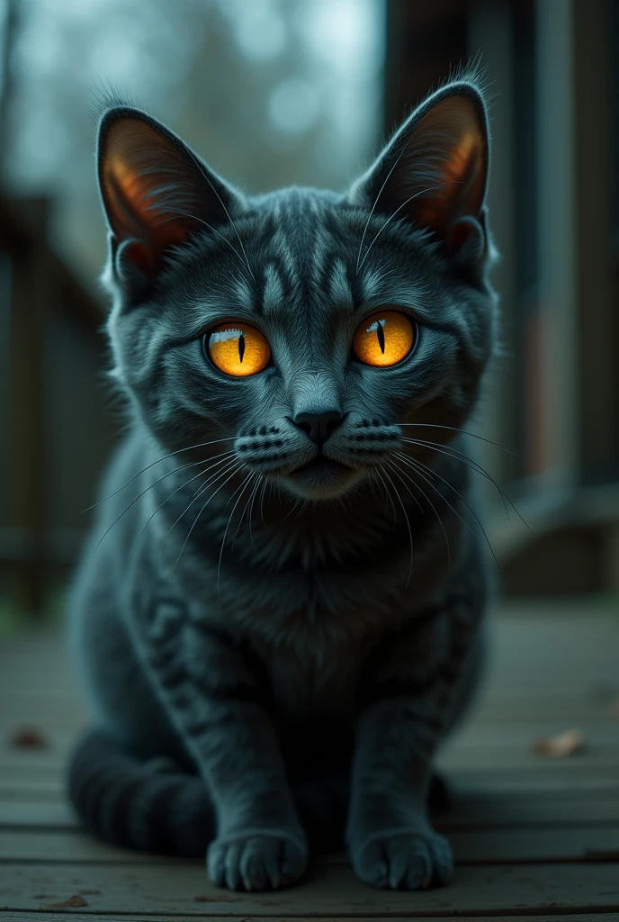 A cat on the porch, its eyes wide LIKE HUMEN , SCARY AND CREEPY
