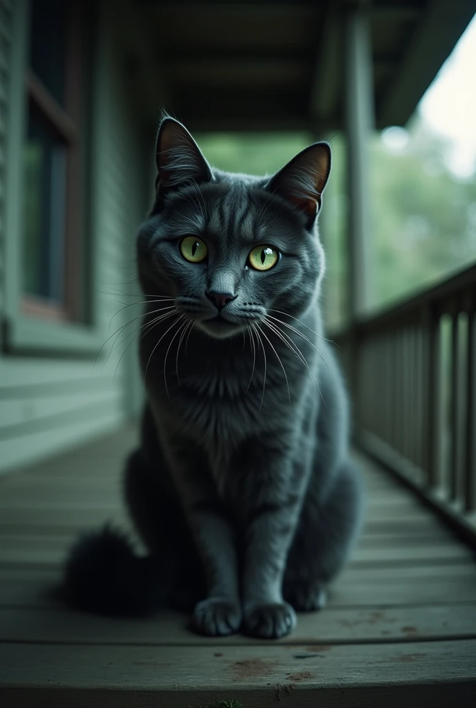 A cat on the porch, its eyes wide LIKE HUMEN , SCARY AND CREEPY