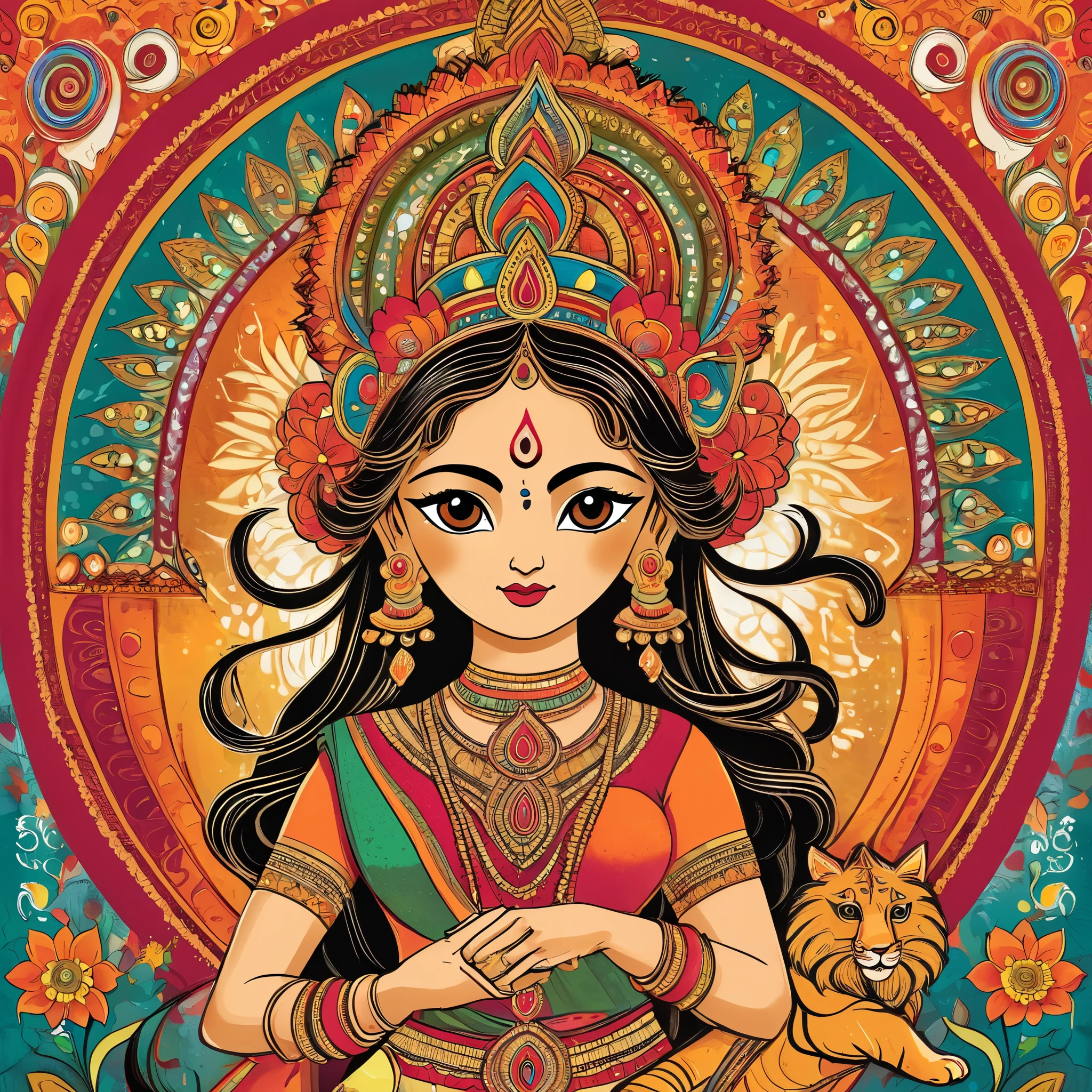 Madhubani art illustration of hindu goddess Durga