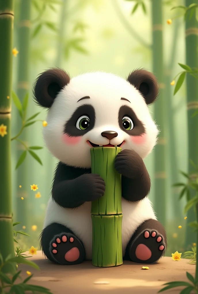 I need you to design me an animated image of a cute baby panda sitting down, biting a bamboo branch in the shape of an ecological speaker, Frontal shot where you can see that he is biting the bamboo