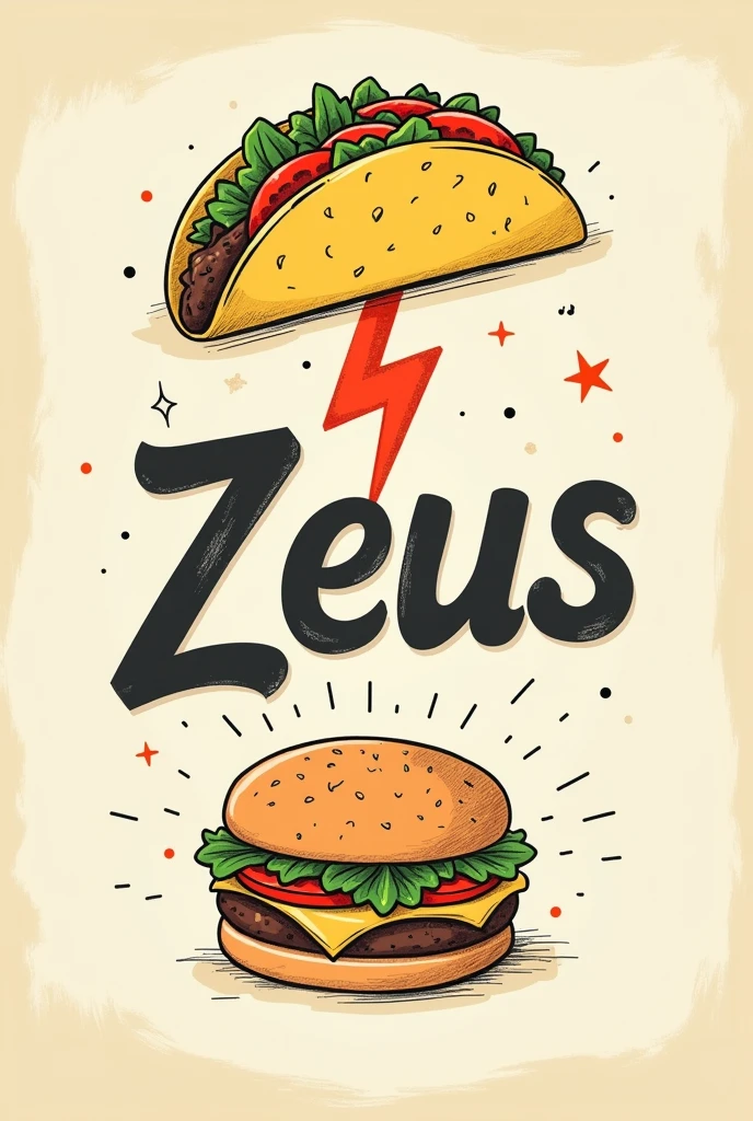 Retro drawing of tacos and hamburgers Zeus just the name with a lightning bolt and as an advertisement Without people just food a drawing a little easier to do almost like a child's drawing but understandable