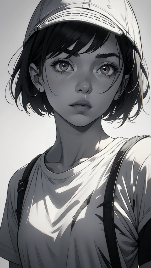 1 boyish girl, solo, sharp eyes, monochrome, greyscale, short black hair, portrait, white T-shirt, Thin eyebrows, closed mouth, looking at viewer, graphite \(medium\), detailed lips, hatching \(texture\), without makeup, bangs, upper body, (best illustration), (best quality), (very detailed), (masterpiece), expressionless, perfect lighting