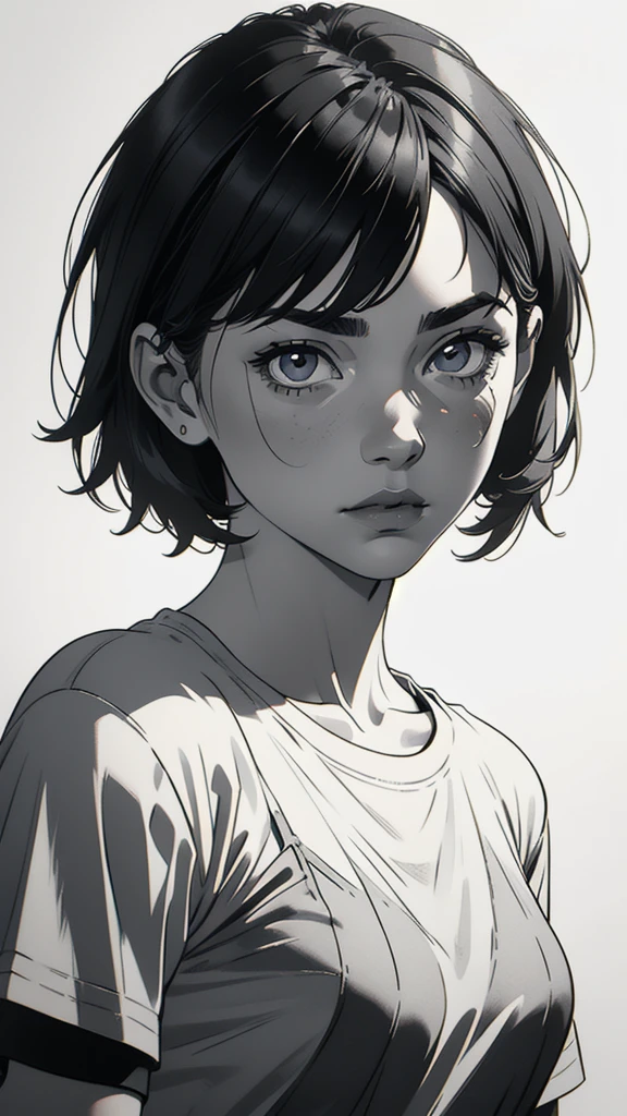 1 boyish girl, solo, sharp eyes, monochrome, greyscale, short black hair, portrait, white T-shirt, Thin eyebrows, closed mouth, looking at viewer, graphite \(medium\), detailed lips, hatching \(texture\), without makeup, bangs, upper body, (best illustration), (best quality), (very detailed), (masterpiece), expressionless, perfect lighting